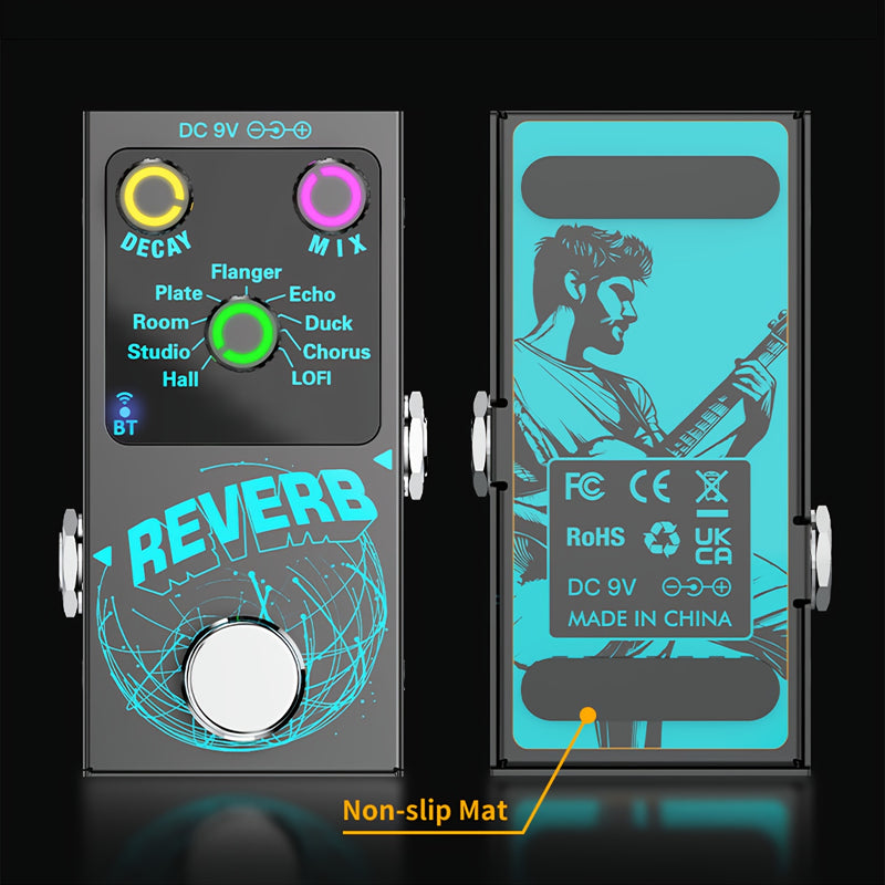 Pedal de Reverb Digital Negro 9-en-1 con Perillas Iluminadas - Incluye Flanger, Plate, Room, Studio, Hall, Tape Echo, Ducking, Chorus, Efectos Low-Fi - Decaimiento/Mix Ajustable, Acompañamiento Inalámbrico, Alimentación DC y Tipo-C, Gran Interruptor de P