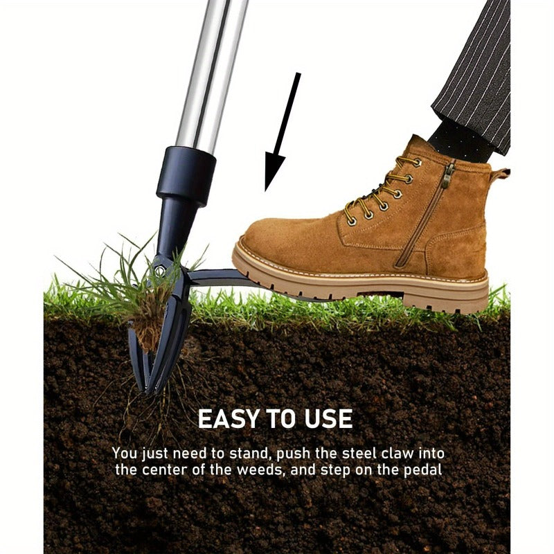 Pulidor de malezas de acero manual de 3 secciones con cabeza de cuatro garras y mango largo - Diseño de poste ergonómico para la fácil eliminación vertical de malezas, no se requiere doblarse o arrodillarse, herramienta de jardín duradera de metal para e