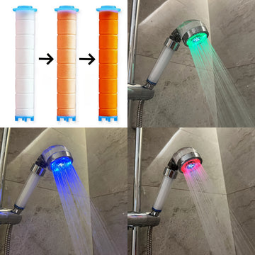 Una luz LED alimentada por agua con pantalla de temperatura, control de temperatura que cambia de color en tres colores, una ducha de mano con tres cartuchos de filtro, filtrado del flujo de agua, no requiere baterías, un regalo de Año Nuevo.