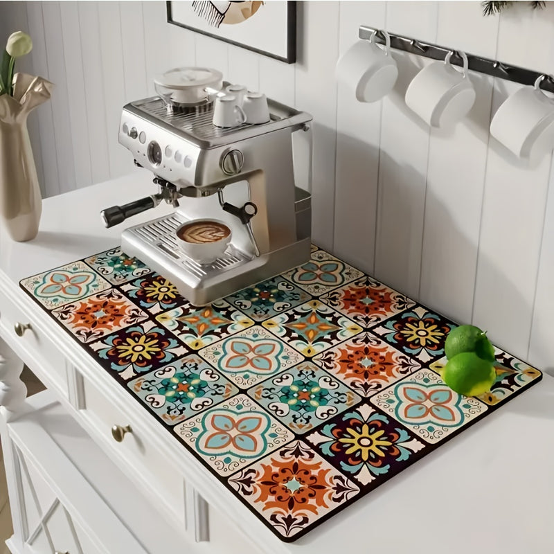 1 ud., Alfombrilla de Secado Rápido para Utensilios de Cocina Estilo Bohemio con Diseño Floral Antideslizante y Bandeja Absorbente para Máquina de Café y Tetera, Tapete de Limpieza de Fibra Ultrafina
