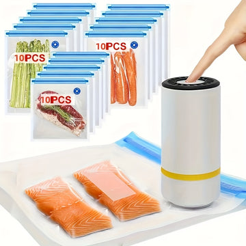 Sellador de vacío portátil para uso en el hogar, completamente automático para alimentos secos y húmedos, incluye una bolsa de comida, 1 bomba eléctrica y 3 bolsas de cierre de vacío grandes, medianas y pequeñas para almacenamiento.