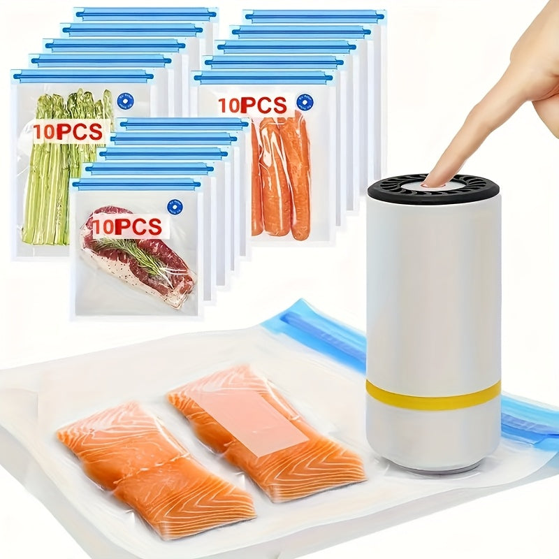 Sellador de vacío portátil para uso en el hogar, completamente automático para alimentos secos y húmedos, incluye una bolsa de comida, 1 bomba eléctrica y 3 bolsas de cierre de vacío grandes, medianas y pequeñas para almacenamiento.