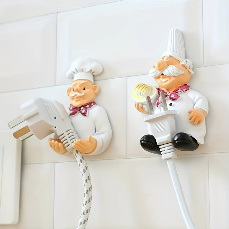 2 piezas de soporte de cable de alimentación de chef de dibujos animados - Organizador de plástico de montaje fácil en la pared para enchufes y cables de cocina, diseño encantador con personajes de chefs divertidos, gancho de utilidad, ganchos de utilidad