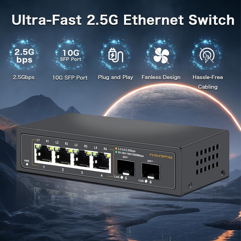 Conmutador Ethernet No Gestionado de 6 Puertos con 4* Portales Base-T de 2.5G y 2* Puertos SFP+ de 10G, Conmutador de Red de 2.5Gbps para NAS/PC de 2.5Gbps, Router WiFi6, Plug and Play