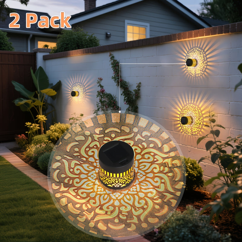 2-Pack Luces Solares para Valla con Diseño de Corte, Iluminación LED Solar para Jardín y Patio Exterior