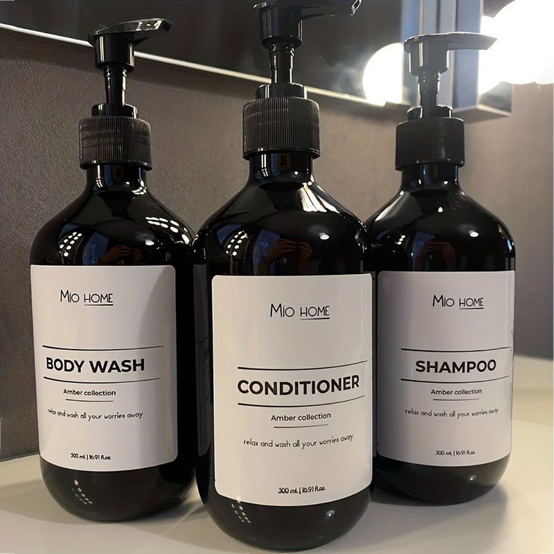 Dispensador de shampoo y acondicionador con bomba de plástico negro, 3 piezas de dispensadores para shampoo, acondicionador y jabón corporal, 500 ml/16 oz, con etiquetas, botellas rellenables