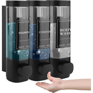 1 dispensador de jabón de pared, libre de ftalatos, tres en uno, no eléctrico, material plástico ABS, no requiere taladrar, con funciones de gel de ducha, champú y acondicionador, para baños, cocinas, mercados, hoteles, restaurantes.