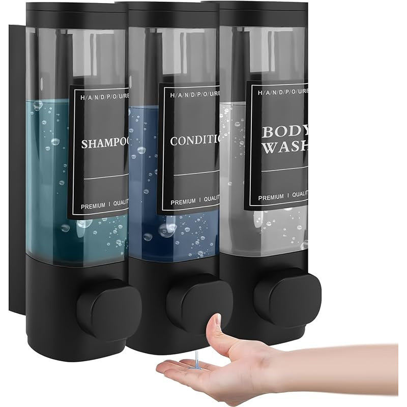 1 dispensador de jabón de pared, libre de ftalatos, tres en uno, no eléctrico, material plástico ABS, no requiere taladrar, con funciones de gel de ducha, champú y acondicionador, para baños, cocinas, mercados, hoteles, restaurantes.