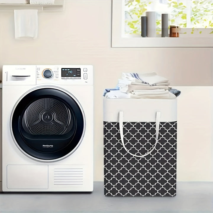 Canasta Grande Plegable para Ropa de 1 Pieza - Independiente, Poliéster Duradero, Elegante Patrón Geométrico en Blanco y Gris - Perfecta para Ropa, Juguetes y Almacenamiento en el Dormitorio - Ideal para Residencias Estudiantiles y Familias, Edad 14+