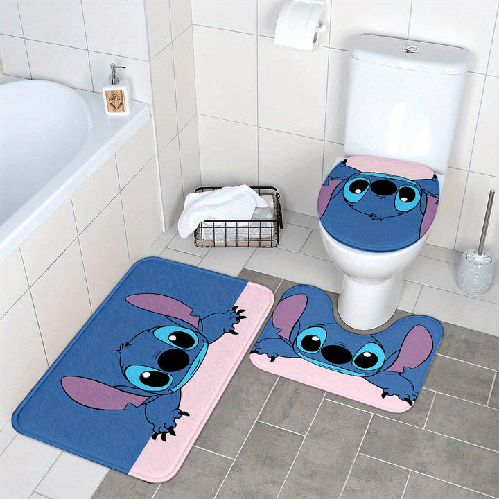 Juego de 3 alfombras de baño con Stitch y Lilo - Alfombras antideslizantes y absorbentes para el inodoro y la tapa, lavables y adecuadas para decorar el baño, ideales para Halloween y accesorios de temporada, decoración y accesorios de baño.