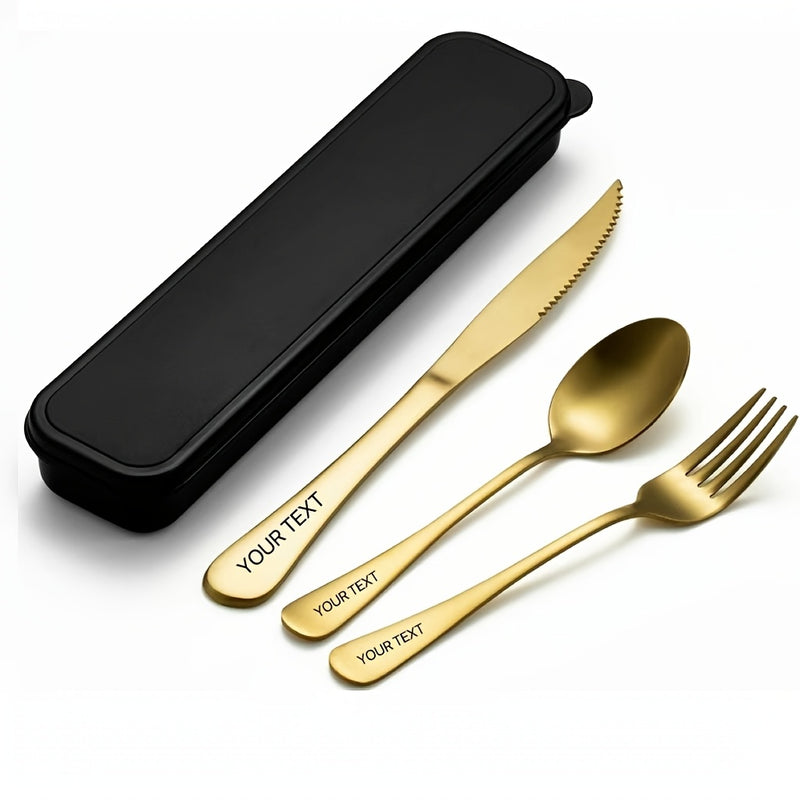 Juego de cubiertos de viaje personalizado de 4 piezas de acero inoxidable, cuchillo, tenedor, cuchara, con juego de cubiertos portátil, juego de cubiertos reutilizables de acero inoxidable, adecuado para acampar, hacer picnic, hacer senderismo, oficina,