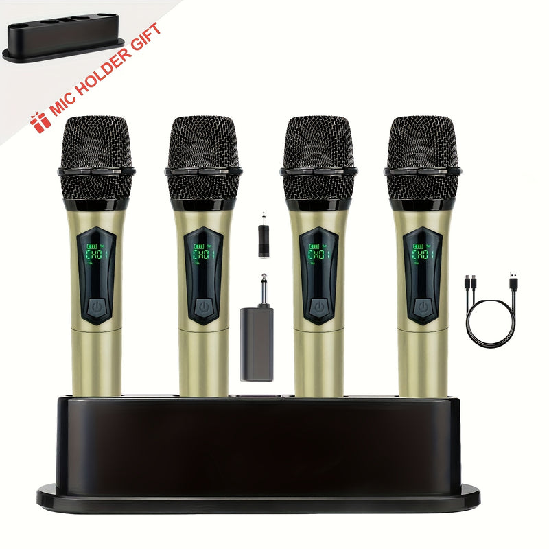 Micrófono de Karaoke sin varillas Portátil con Batería Recargable para 4 Micrófonos y Receptor, Ideal para Fiestas, Reuniones, Bodas, Base de Almacenamiento Dorada y Adaptador de 3.5mm Incluido