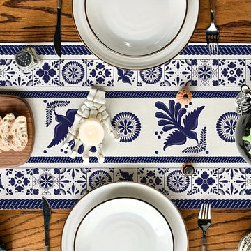 1 pieza, Camino de Mesa Muertos Mexicano, Protectores Térmicos para Mesas, Decoración de Cocina y Comedor con Diseño Azul Patchwork para Hogar o Fiestas, 13 x 36, 13 x 48, 13 x 72, 13 x 90, 13 x 108