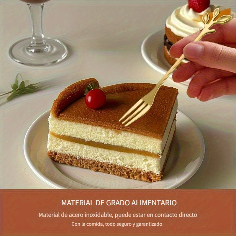 Juego de 20 Piezas de Tenedores y Cucharas Doradas en Acero Inoxidable con Forma de Hoja, Cubiertos para Postres Elegantes y Duraderos, Antióxido y Fáciles de Limpiar | Ideales para Mezclar Frutas, Aperitivos, Pasteles, Ensalada de Queso - Perfectos para