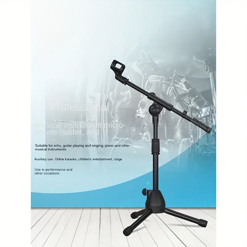 Soporte de micrófono de trípode portátil ajustable, construcción de hierro, negro, diseño de abrazadera versátil para tom de piso, guitarra, erhu, violín de cabeza de caballo y más, sin necesidad de energía.