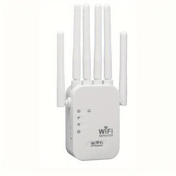 Amplificador de red WiFi 6 dual band OEKE - Cobertura de 2743,2 metros, soporte para 35 dispositivos, 6 antenas, WPA3, puerto de gigabit, configuración fácil, 4 modos, blanco, amplificador de red WiFi, aumento de red en casa, diseño de tecnología moderna