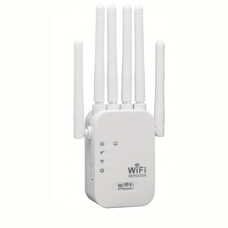 Amplificador de red WiFi 6 dual band OEKE - Cobertura de 2743,2 metros, soporte para 35 dispositivos, 6 antenas, WPA3, puerto de gigabit, configuración fácil, 4 modos, blanco, amplificador de red WiFi, aumento de red en casa, diseño de tecnología moderna