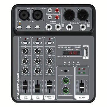 Consola de Mezcla BOMGE Profesional 4 Canales con Interfaz USB, Compatible con MP3 y Entrada de Computadora, Ideal para Estudio, Streaming en Vivo, Grabación y Podcasting