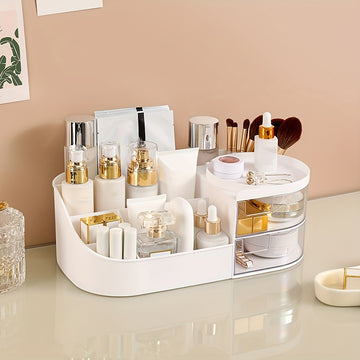 Organizador de Maquillaje de Tocador con Espejo - Caja de Almacenamiento de Cosméticos Estilo Cajón para Cuidado de la Piel, Lápiz Labial y Más - Soporte Ligero de Plástico para Encimera