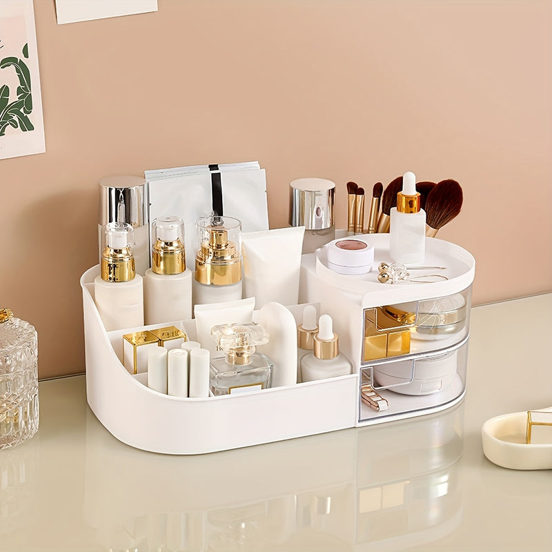 Organizador de Maquillaje de Tocador con Espejo - Caja de Almacenamiento de Cosméticos Estilo Cajón para Cuidado de la Piel, Lápiz Labial y Más - Soporte Ligero de Plástico para Encimera