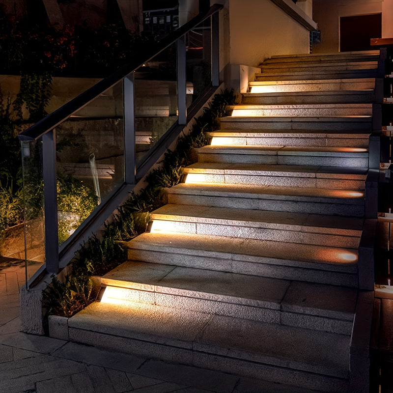 Luces de escalera triangular LED solares de 6 unidades, iluminación de escalera de madera exterior ABS, sconces de jardín cálidos/blancos, acabado pulido duradero, montaje flush, control de interruptor, no desmontable, impermeable, alimentado por energía