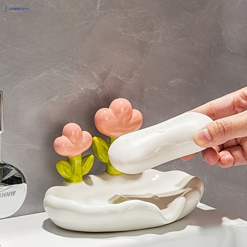Porta jabón ovalado de plástico con diseño floral, soporte autoescorriente para todas las estaciones, accesorio lindo para baño y cocina