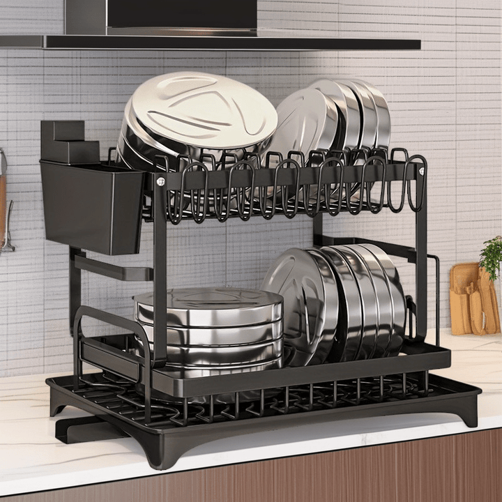 Estante de drenaje de alta resistencia: Hecho de acero de carbono de doble capa (con tablero de drenaje) | Ranura para cuchillos + soporte para cucharas y tenedores - Resistente a la herrumbre y fácil de limpiar, adecuado para todas las cuatro estaciones.