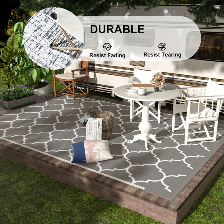 Alfombra reversible grande de plástico trenzado en gris y blanco, tapete portátil para exteriores, patio, terraza, balcón, camping y picnics, lavable a máquina, tapete para camping, alfombra decorativa para exteriores, alfombra de plástico resistente