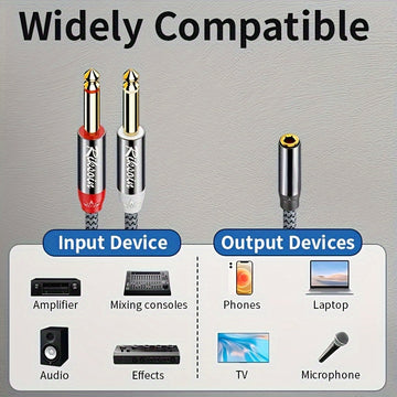 1pc RIKSOIN con baño de oro de 24K Cable divisor de audio, 3,5 mm a doble 6,35 mm Jack, estéreo 3,5 mm Jack conector auxiliar con forma redondeada trenzada, conector hembra a macho, cable Ethernet de categoría 5 para instrumentos