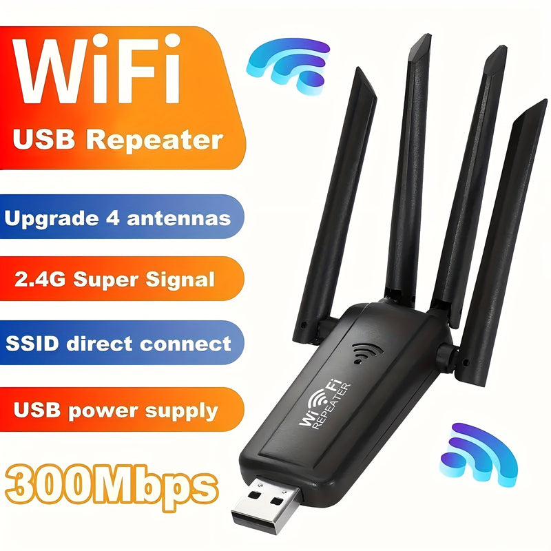1pc Amplificador de Señal WiFi, Amplificador Inalámbrico de 2,4Ghz con 4 Antenas, Alimentado por USB, Tasa de Transferencia de Datos de 300Mbps, Mejora la Penetración de la Señal Fuerte, Ideal para Uso en el Hogar y la Oficina, Accesorio de Wi-Fi para Of
