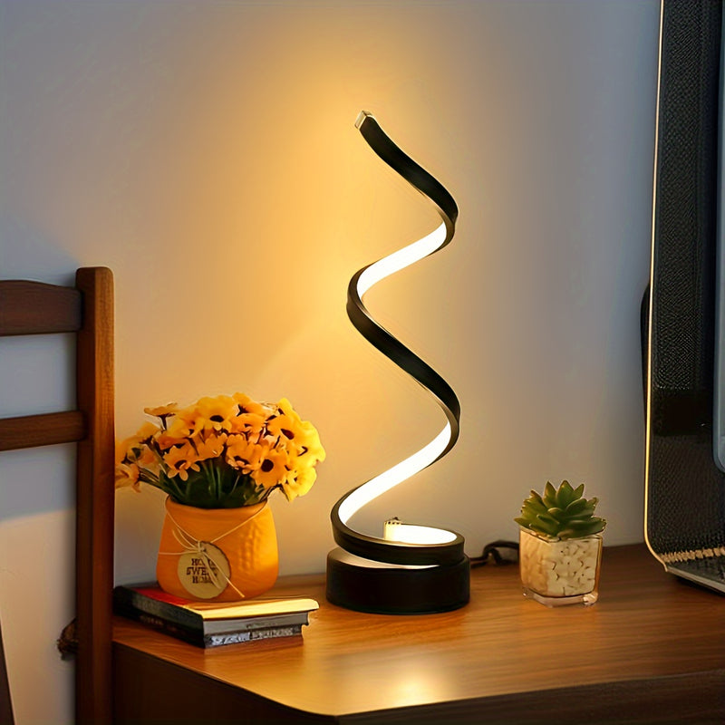Lámpara de mesa LED espiral, luz de escritorio de metal con cuello de cisne regulable, control de botón de pulsar, alimentada por USB, iluminación ajustable, acabado pulido, para oficina, dormitorio, sala de estar - Idea de regalo