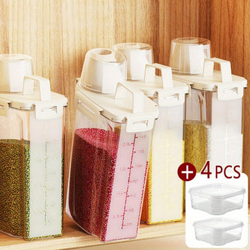 5 piezas de recipientes herméticos para alimentos de polipropileno, diseño cuadrado, ideales para arroz, cereales, nueces y harina, incluye 4 tazas medidoras con tapas, esenciales de cocina, seguridad alimentaria, almacenamiento de arroz