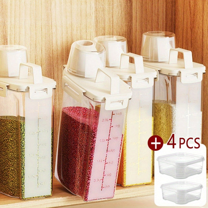 5 piezas de recipientes herméticos para alimentos de polipropileno, diseño cuadrado, ideales para arroz, cereales, nueces y harina, incluye 4 tazas medidoras con tapas, esenciales de cocina, seguridad alimentaria, almacenamiento de arroz