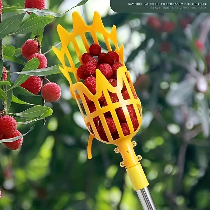 Canasta Ajustable para Recolector de Frutas - Cucharón Plástico Amarillo y Naranja para Recoger Bayas y Frutas Fácilmente, Diseño con Palo Telescópico para Mango, Cereza, Arándanos, Níspero y Más