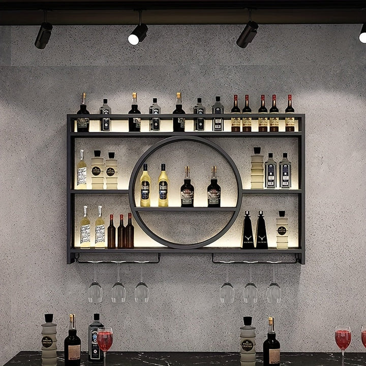 Unidad de Bar Montada en Estantes Flotantes para Vino de Metal Moderno, Estantería para Copas y Soporte de Exhibición de Hierro con Estantes para Bares de Restaurante