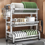 Estante de platos de cocina de acero inoxidable con bandeja de drenaje - Organizador multifuncional para encimeras para platos, tazas y utensilios - Solución de almacenamiento de cocina para el hogar que ahorra espacio