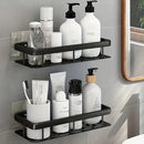 Estante de baño multifuncional | Adecuado para 5 escenas, soporte de pared sin taladro | Fregadero de plástico duradero con cinta de drenaje | Acabado negro elegante | Organizador de champú, jabón y accesorios que ahorra espacio | Instalación fácil | Ele
