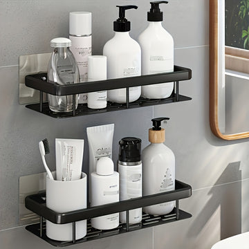 Estante de baño multifuncional | Adecuado para 5 escenas, soporte de pared sin taladro | Fregadero de plástico duradero con cinta de drenaje | Acabado negro elegante | Organizador de champú, jabón y accesorios que ahorra espacio | Instalación fácil | Ele