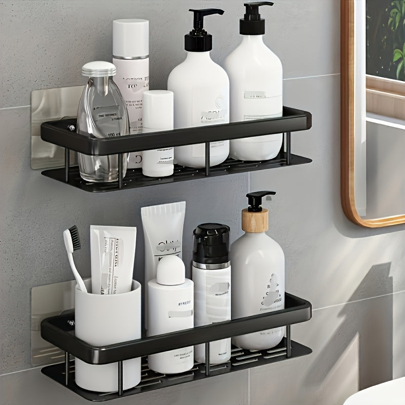Estante de baño multifuncional | Adecuado para 5 escenas, soporte de pared sin taladro | Fregadero de plástico duradero con cinta de drenaje | Acabado negro elegante | Organizador de champú, jabón y accesorios que ahorra espacio | Instalación fácil | Ele