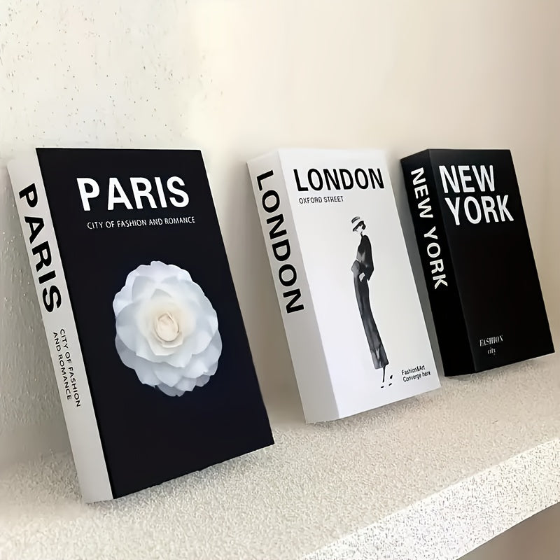 Juego de 3 libros decorativos de imitación en tapa dura, material de papel, estilo plegable, fácil de armar, ideal para decoración moderna en sala y dormitorio, uso en interiores y exteriores, no requiere electricidad, accesorios para fotografía