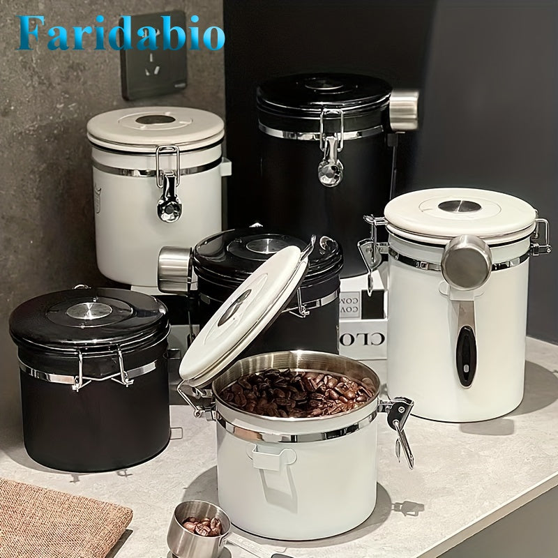 Contenedor Hermético de Acero Inoxidable Reforzado 304 Mejorado por Faridabio con Cuchara - Ideal para Granos de Café, Té y Arroz - Con Válvula de Escape Unidireccional para Mantener el Café Fresco Más Tiempo, Perfecto para Uso en Casa y Oficina