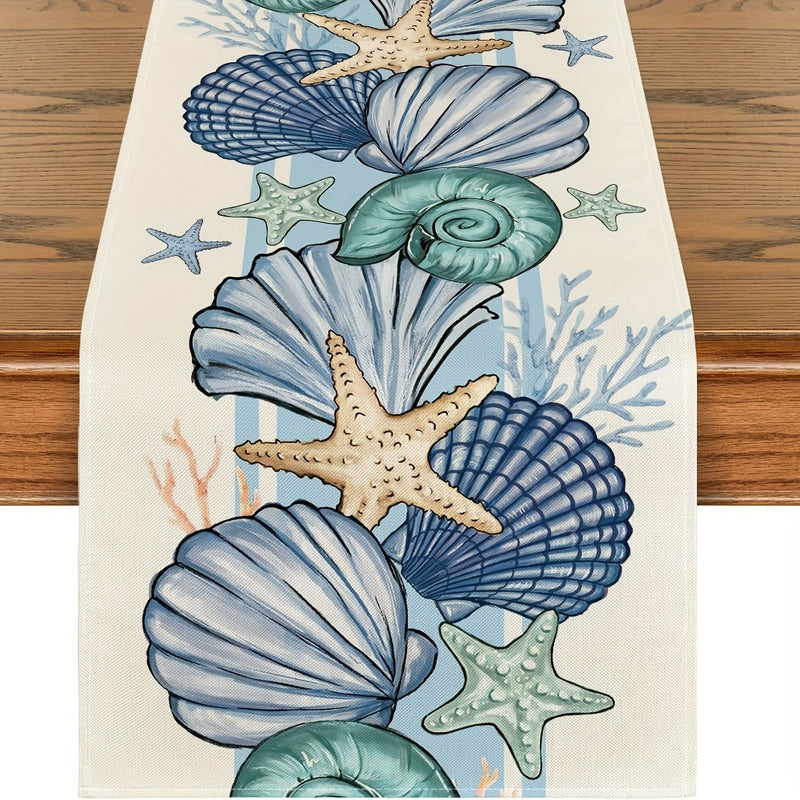 1 pieza de cubre mesa de lino con diseño de conchas marinas y estrellas de mar, 100% lino tejido, decoración rectangular para mesa, hogar, fiestas con temática de primavera, verano y océano