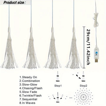 Luces LED de Fuegos Artificiales, 4 pzas Luces LED de Fuegos Artificiales Alimentadas por USB con Acabado Cepillado, 8 Modos de Iluminación, Montables en Pared, Luces de Hadas Colgantes de Plástico para Iluminación Decorativa Interior/Exterior