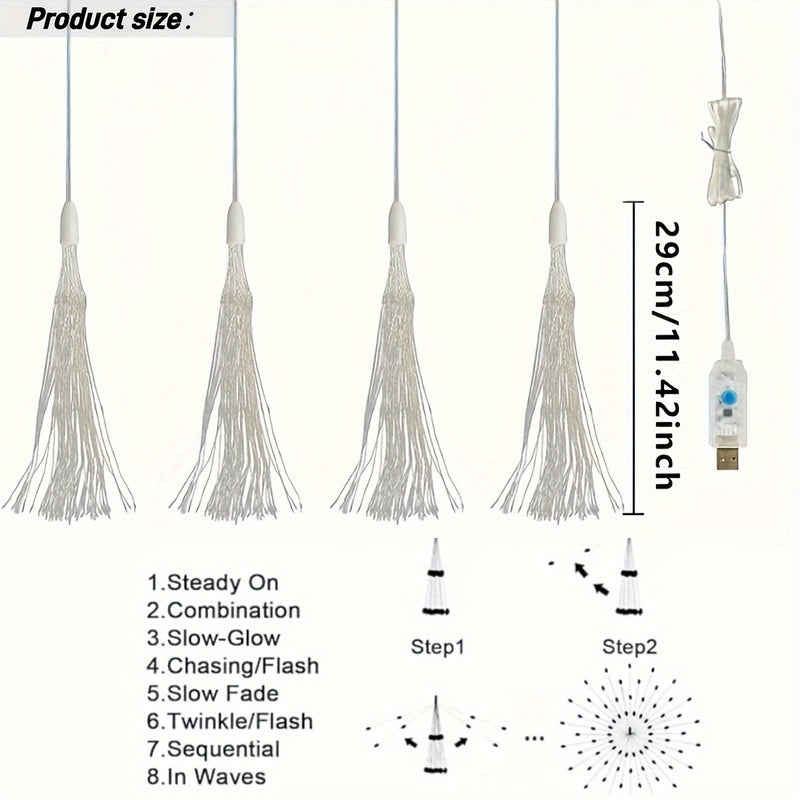 Luces LED de Fuegos Artificiales, 4 pzas Luces LED de Fuegos Artificiales Alimentadas por USB con Acabado Cepillado, 8 Modos de Iluminación, Montables en Pared, Luces de Hadas Colgantes de Plástico para Iluminación Decorativa Interior/Exterior