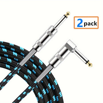 2 piezas, cables para instrumentos de guitarra de 1/4 de pulgada, conector recto a ángulo recto con resorte, cubierta de malla de algodón oscura/celeste, entrada de cable de guitarra de 6,35 mm para guitarra eléctrica, bajo, amplificador, teclado, mandol