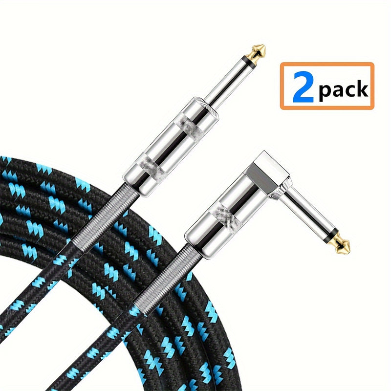 2 piezas, cables para instrumentos de guitarra de 1/4 de pulgada, conector recto a ángulo recto con resorte, cubierta de malla de algodón oscura/celeste, entrada de cable de guitarra de 6,35 mm para guitarra eléctrica, bajo, amplificador, teclado, mandol