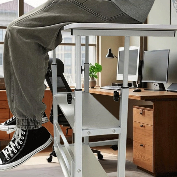 Escritorio y estantería de computadora de doble asiento, MDF con marco de acero, con ruedas univer, acabado blanco y madera - Ideal para trabajo en oficina en dormitorios y salas de estar, almacenamiento de computadora