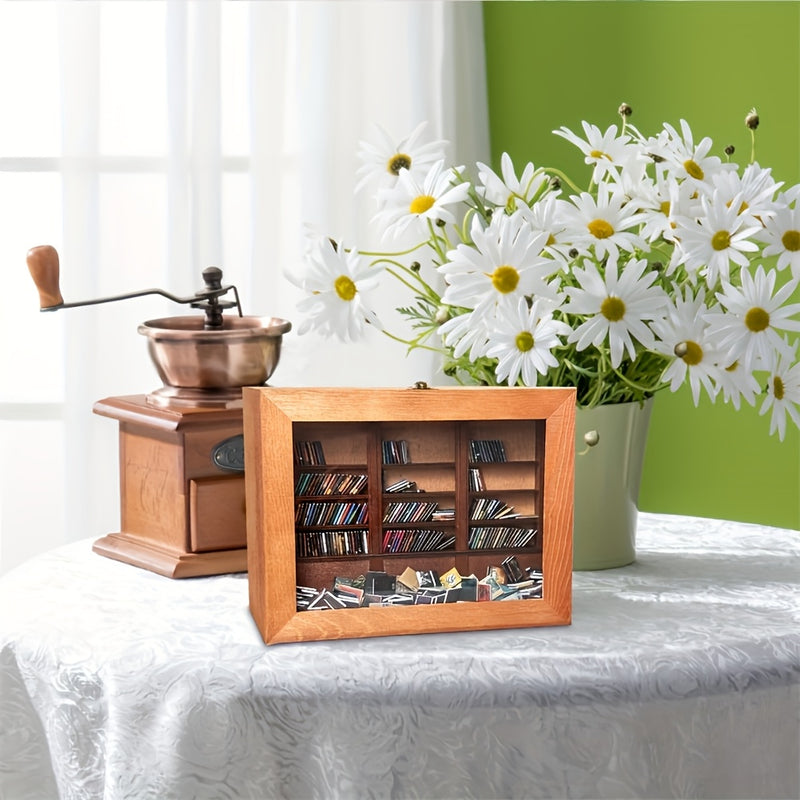 1pc Estantería Mini Hecha a Mano para la Ansiedad, Mueble de Exhibición de Madera Retro, con 200 Libros Pequeños, Decoración de Escritorio para Amantes de los Libros, Regalo de Navidad Perfecto, Diseño Independiente