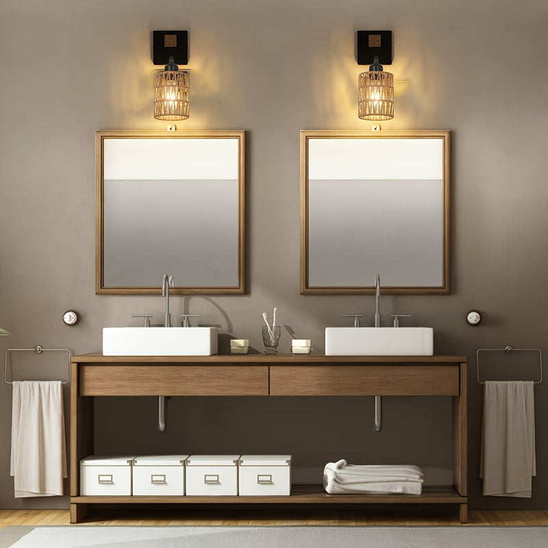1pz/2pzs Apliques de Pared Estilo Boho de Ratán, Lámparas de Pared Tejidas al Hilo con Brazo de Madera para Casa de Campo, Grandes Luces Montadas en la Pared Rústicas de Mimbre para Dormitorio Guardería Sala de Baño y Salón