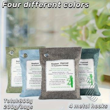 800G (20.6oz) de 4 paquetes de carbón de bambú de colores diferentes para purificar el aire, reutilizables, adecuados para habitaciones de casa, interiores de coches, armarios y gabinetes de zapatos.